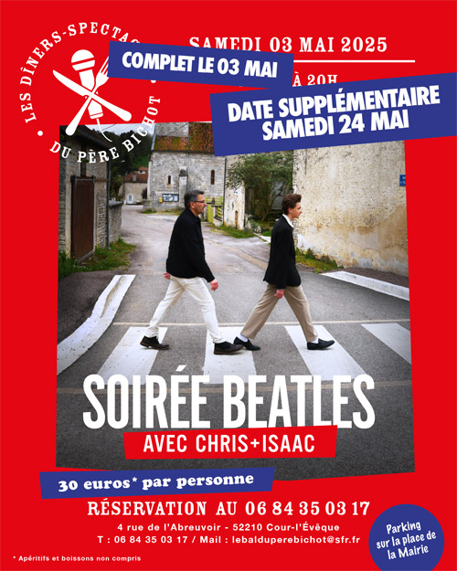 PROCHAINEMENT - soirée BEATLES avec Chris + Isaac le Samedi 3 Mai 2025 !