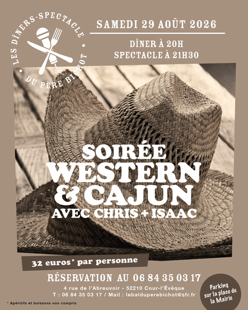 PROCHAINEMENT - soirée WESTERN & CAJUN avec Chris + Isaac le Samedi 29 Août 2026 !